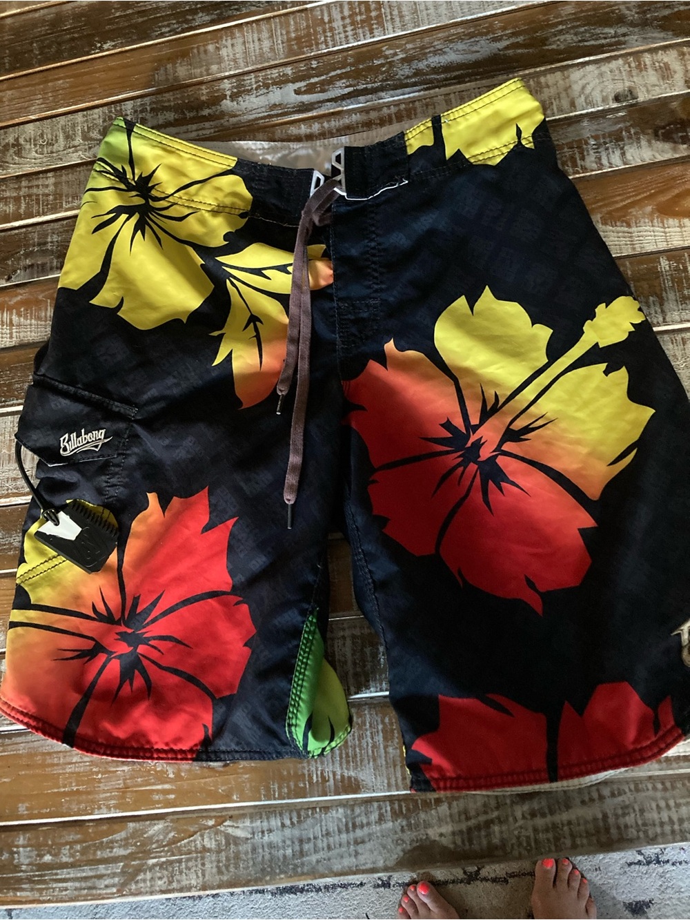 Billabong Men's Black Swim Board Shorts with Red & Yellow Hibiscus